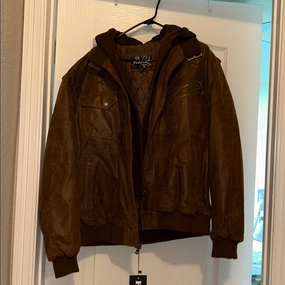 Genuine Leather Brown Bomber Jacket with Removable Hood